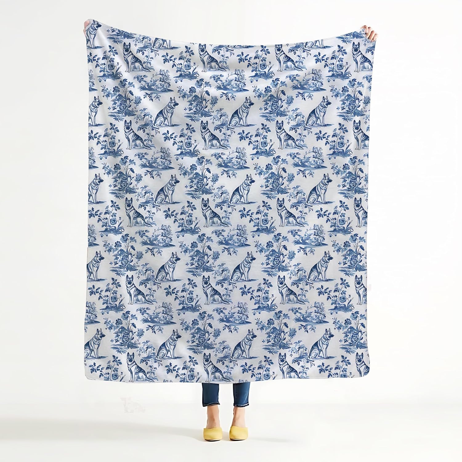 Chinoiserie German Shepherd Blanket Decor,German Shepherd Gifts for Women,Grandmillennial Blue and White French Toile Dog Throw Blanket for Home Bedroom Room Couch Bed Decor, 50x60 Inches