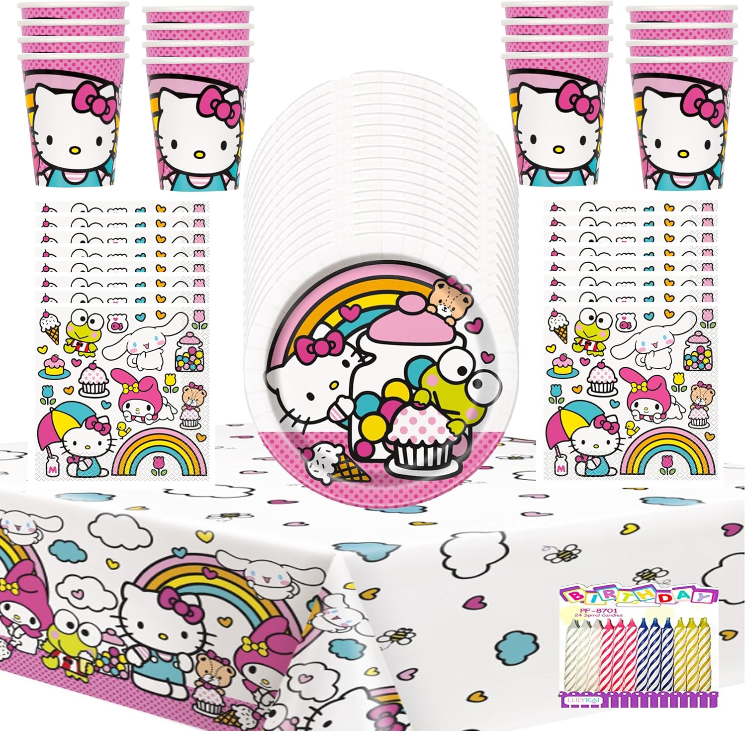 Hello Kitty Party Supplies Bundle for 16 Guests – Includes Dessert Plates, Luncheon Napkins, Cups, Table Cover & Birthday Candles – Cute Hello Kitty Birthday Decorations for Girls