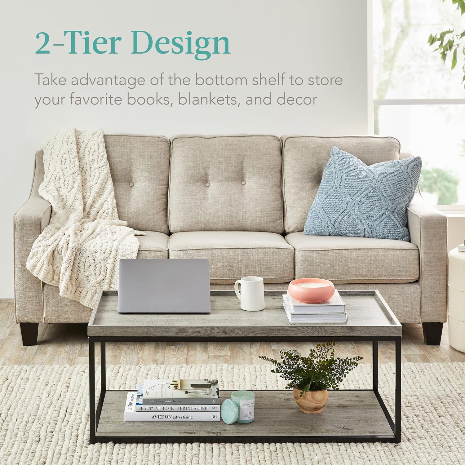 Best Choice Products 44in 2-Tier Rectangular Tray Top Coffee Table, Recessed Accent Furniture for Home w/Metal Frame, Shelf - Gray : Home & Kitchen