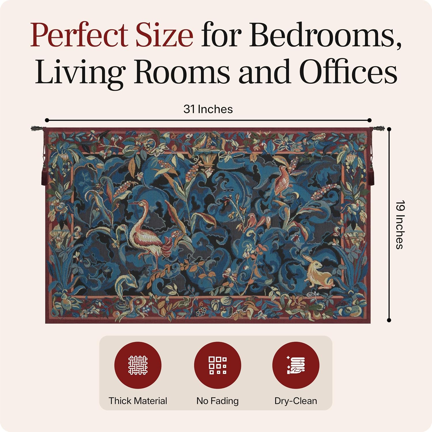 Charlotte Home Furnishings Inc French Boho Tapestry Wall Hanging 19 x 31 in, Animals Aristoloches Blue Aesthetic Woven Wall Art decor for Living Room Home Decor, European Cotton Jacquard Woven