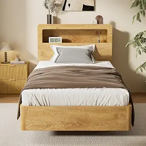 Twin XL Size Bed Frame with Storage Headboard and Charging Station, Natural