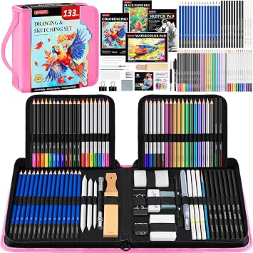 133 Pack Art Supplies Sketching Kit with Sketch Book, Coloring Book, Watercolor Pad, Black Paper Pad, Tutorial, Graphite Colored Charcoal Watercolor & Metallic Pencils for Artists Beginners Adults