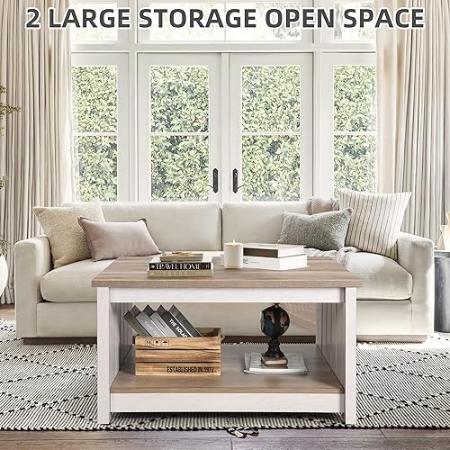 Miniatura 3 de hernest Mesa de centro cuadrada con compartimento de almacenamiento medio abierto mesas modernas de casa de campo mesa rústica de madera resistente