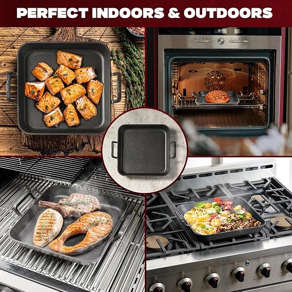 onlyfire Rectangular Grill Pan with Handles, Cast Iron Skillet, BBQ Griddle Pan for Gas Grill, Charcoal Grill and Most Ovens, 31.5 * 31.5 * 3.8 cm