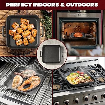 onlyfire Rectangular Grill Pan with Handles, Cast Iron Skillet, BBQ Griddle Pan for Gas Grill, Charcoal Grill and Most Ovens, 31.5 * 31.5 * 3.8 cm