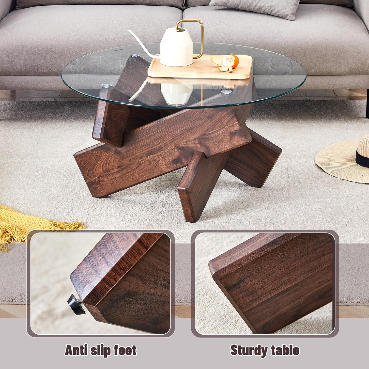 Coffee Tables for Living Room, 33" Circular Glass Coffee Table, Tempered Glass Countertop Tea Table with MDF Legs, Farmhouse Coffee Table Suitable for Living Rooms and Farmhouses (Walnut)