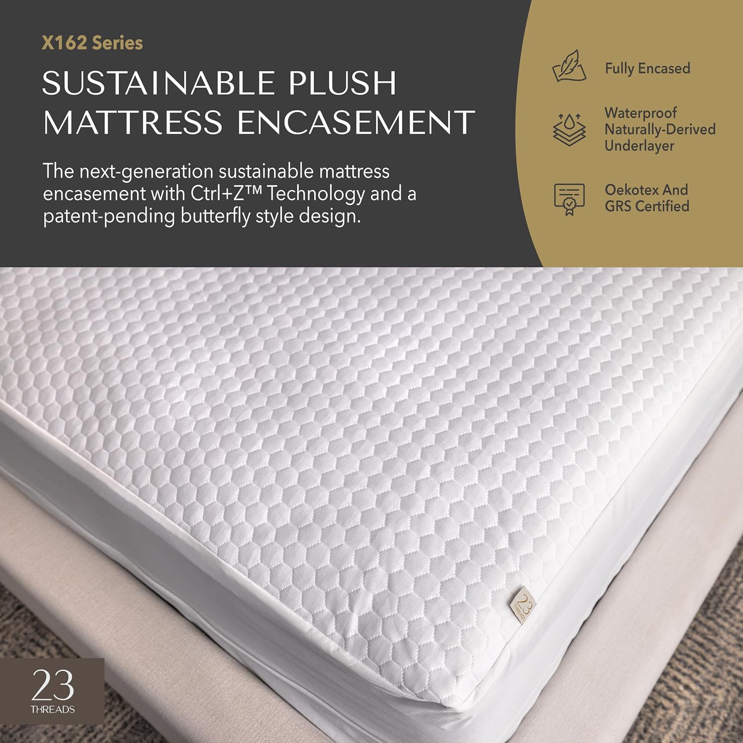 23 Threads X162 Series Soft Plush Waterproof Noiseless Mattress-Encasement, Zippered Protector Cover, Washable, with Ctrl+Z Technology, Mattress Not Included, 15 Inch Deep, King