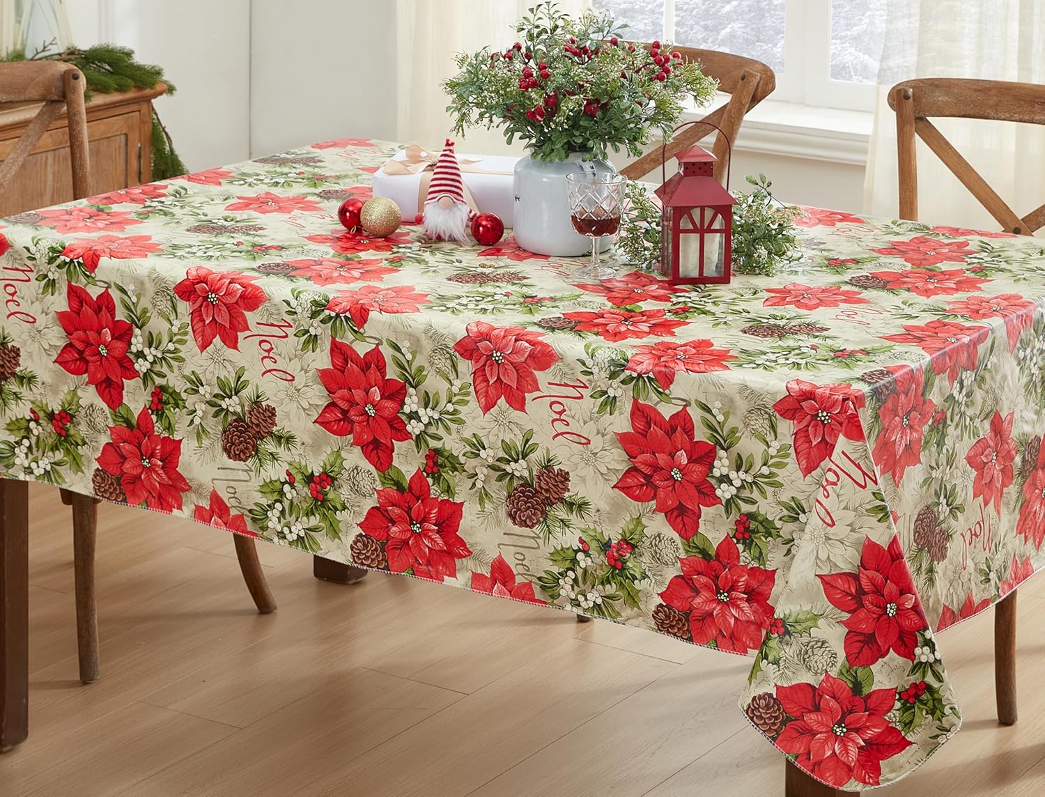 Newbridge Majestic Winter Poinsettia Christmas Vinyl Tablecloth with Flannel Backing, Noel & Holly Berry Holiday Print, Easy Care Wipe Clean Table Cover, 60 x 102 Inch Rectangle