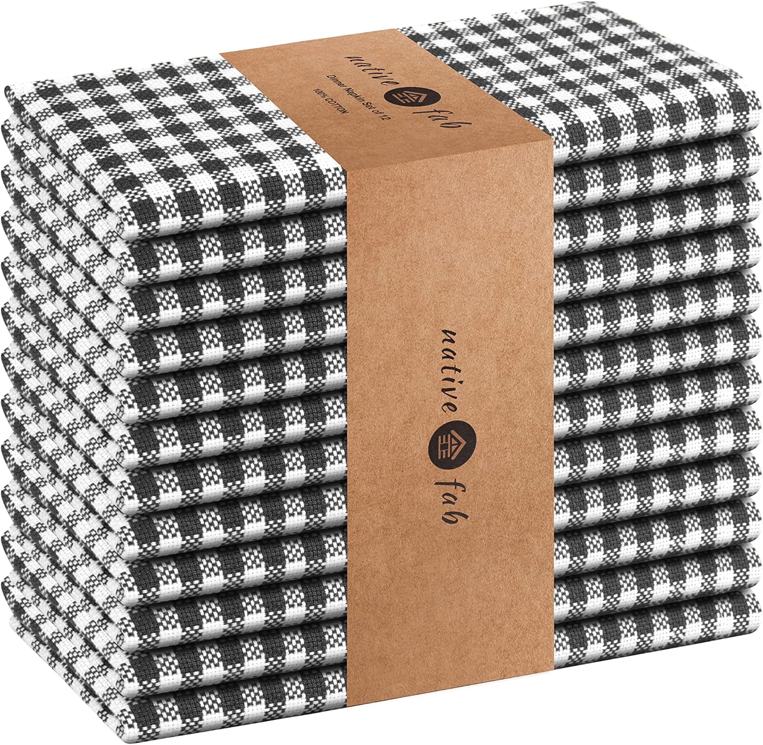 Native Fab Gingham Mini Check Cloth Napkins, Set of 12, 16x16 inches, 100% Cotton, Set of 12, Washable Soft Breathable Absorbent, Black White Black White 16" x 16" (Set of 12)