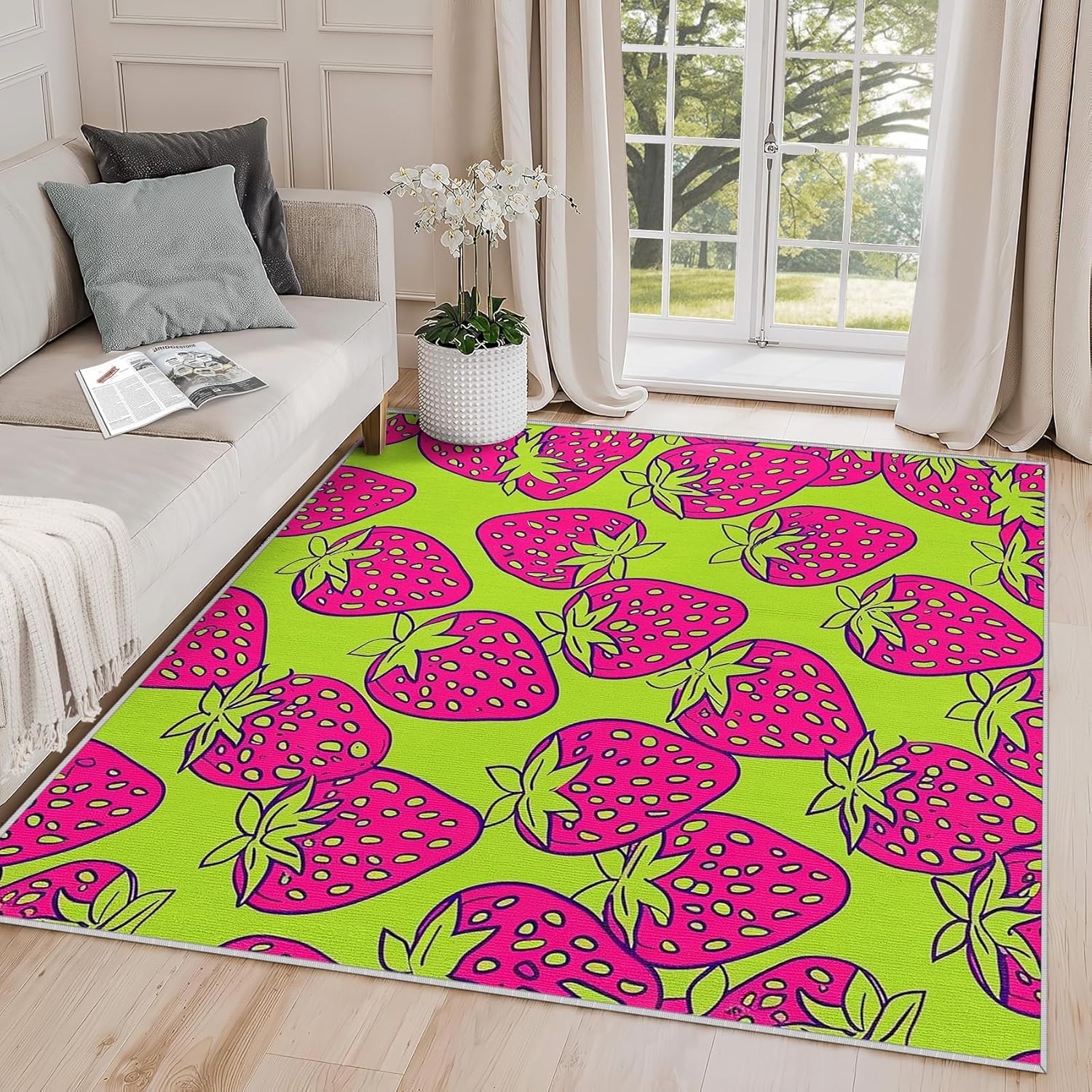 Strawberry Rug 5x7 - Strawberry Rug, 2x3 Rug, Cute Cartoon Fruit Area Rug, Red and Beige Door Mat, Washable & Non Slip & Soft Small Carpet, Strawberry Home Decor Gifts