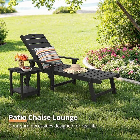LUE BONA Outdoor Chaise Lounge Chairs Set of 2, HDPS Lounge Chair, 5 Positions Adjustable Pool Lounge Chairs, Patio Furniture Sets with Wheels for Poolside, Hotel, Restaurant, Black