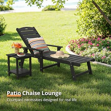 LUE BONA Outdoor Chaise Lounge Chairs Set of 2, HDPS Lounge Chair, 5 Positions Adjustable Pool Lounge Chairs, Patio Furniture Sets with Wheels for Poolside, Hotel, Restaurant, Black