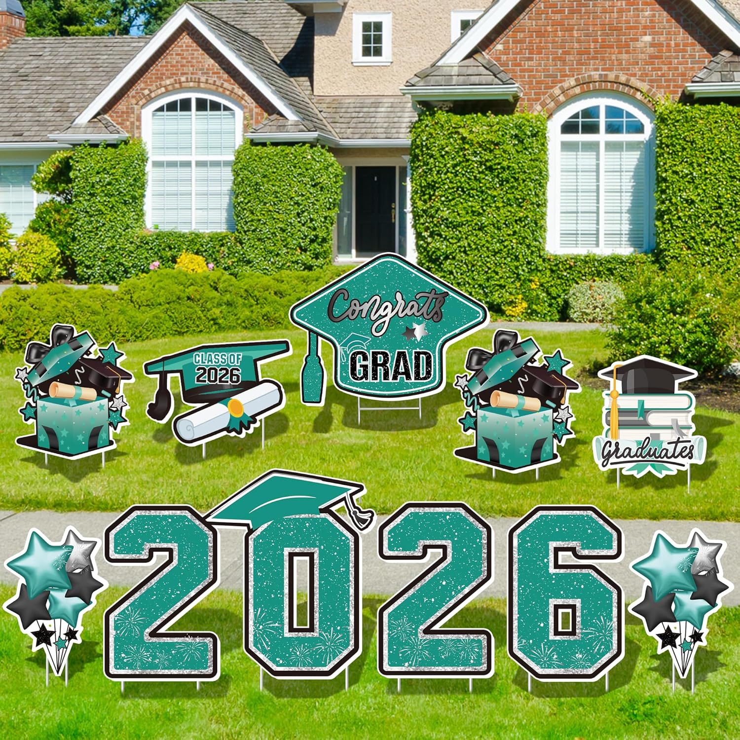 Large 11 PCS Graduation Yard Signs, Class of 2026 Congrats Grad Outdoor Lawn Yard Sign with Stakes, Graduate Yard Decorations for College High School Party, Teal