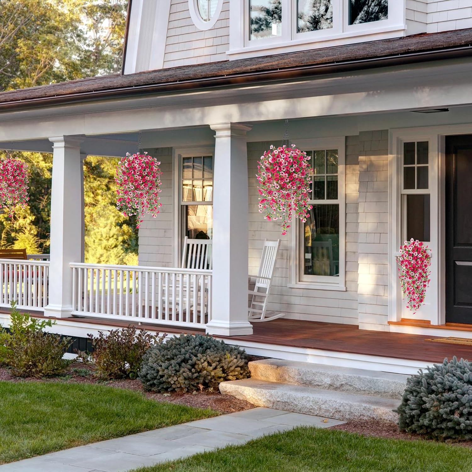 Artificial Faux Hanging Flower Plants with Basket Outdoor Spring Decoration, Fake Silk Flowers Daisy Planter Eucalyptus Realistic UV Resistant for Outside Garden Porch Patio Yard Home Decor(Rose Pink) - Image 5