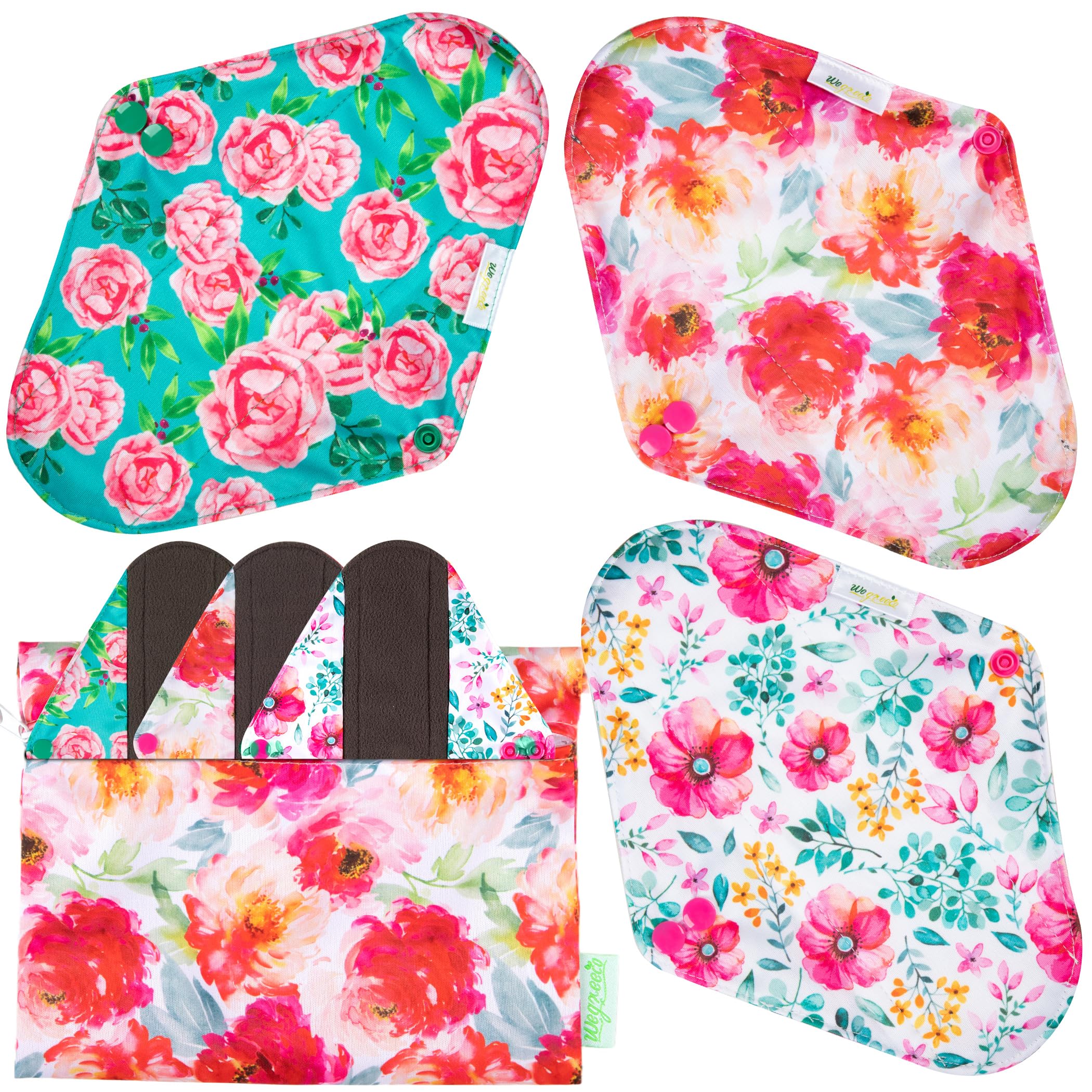 wegreeco Charcoal Reusable Menstrual Pads - Reusable Sanitary Pads | Reusable Panty Liners | Soft Cloth Menstrual - 6 Pack with 1 Cloth Mini Wet Bag (Small, Peonyony)