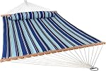 Sunnydaze Quilted Double Hammock for Outside with Spreader Bars and Pillow - 450 lb Capacity, 74x55 Inch Bed, UV Resistant, Quick Dry - Chains Included, Stand Sold Separately - Blue & Green