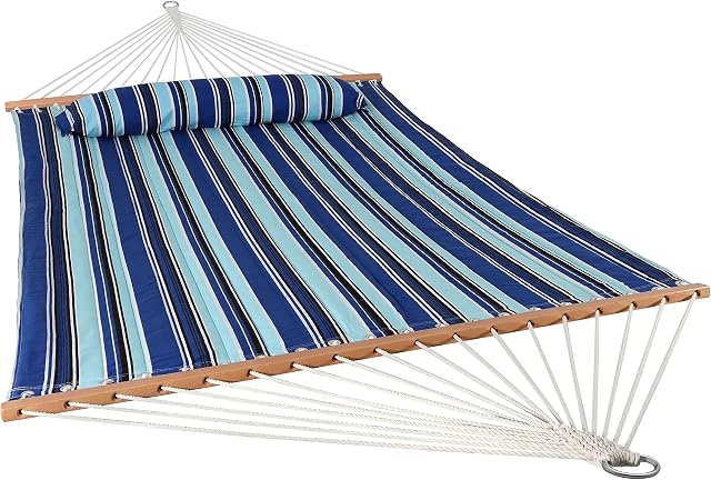 Sunnydaze Quilted Double Hammock for Outside with Spreader Bars and Pillow - 450 lb Capacity, 74x55 Inch Bed, UV Resistant, Quick Dry - Chains Included, Stand Sold Separately - Catalina Beach