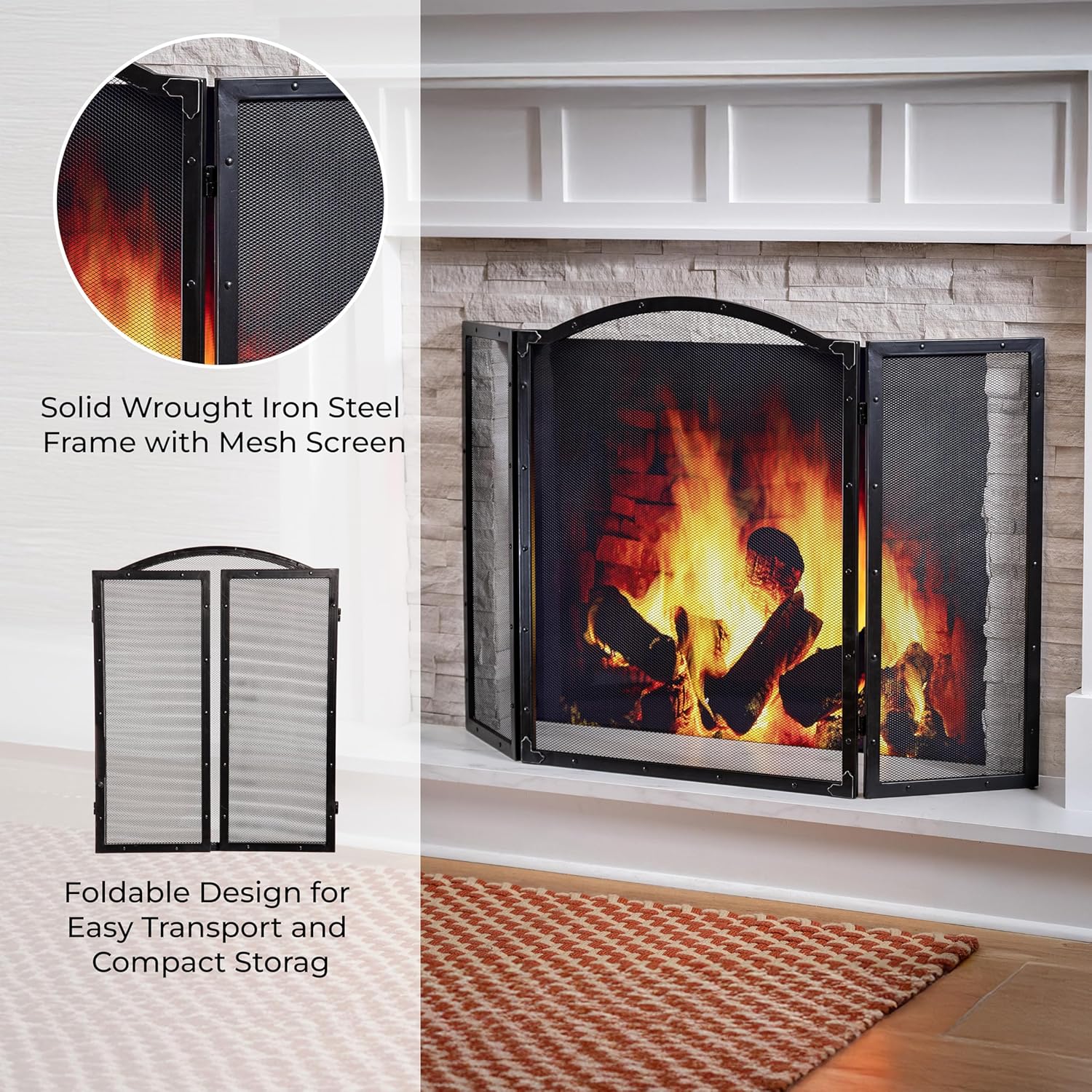 Plow & Hearth Metal Fireplace Screen 3 Panel Scroll Black | 50" W x 30" H | Flat Spark Guard Cover | Stand Alone Wrought Iron Panel Fire Place Cover