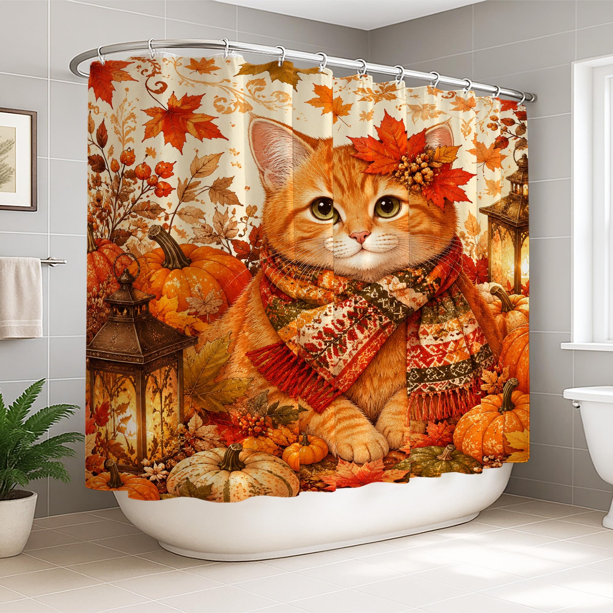Rideau de douche XXL chat et citrouilles orange en tissu imperméable de 274x183 cm