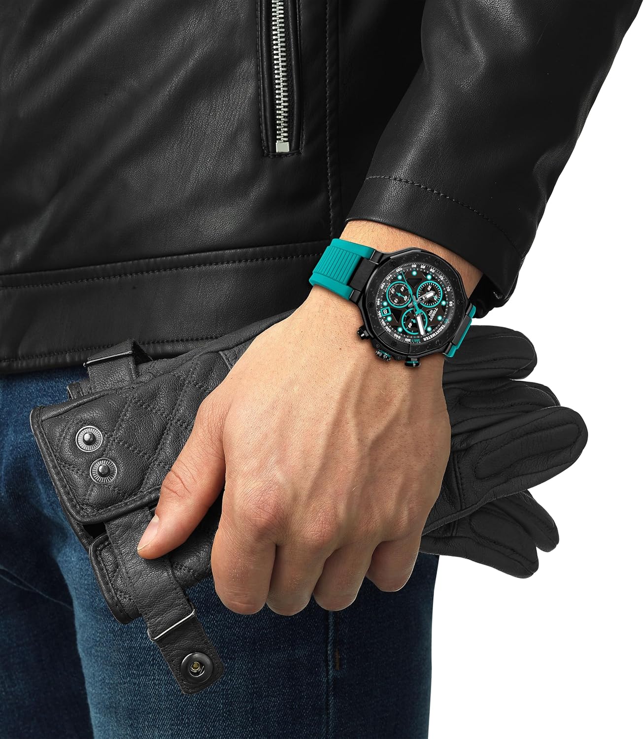 Tissot T-Race Chronograph, Swiss Quartz Watch for Men, 45mm, Stainless Steel Case, Teal Silicone Strap, Black Dial, T1414173705101