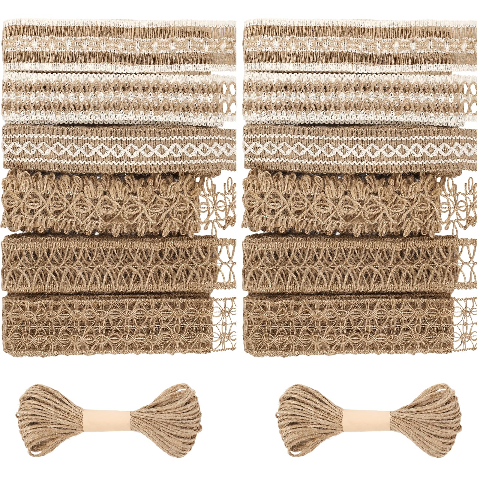 COEWUR 14 Rollen Vintage Juteband Natur Jute Bastelband Spitzenband Geschenkband Boho Juteband mit Spitze Geschenkbänder Sackleinenband Jute Band für Hochzeit Deko, Geschenkverpackung, DIY Basteln
