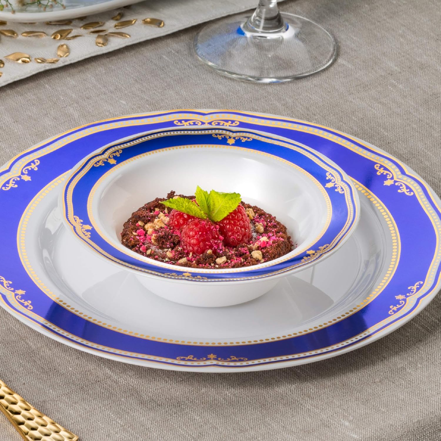 Laura Stein Designer Dinnerware Set | 32 Disposable Plastic Party Bowls | White Wedding Bowl with Blue Rim & Gold Accents | Includes 16 x 12 oz Soup Bowls + 16 x 5 oz Dessert Bowls | Cobalt Blue