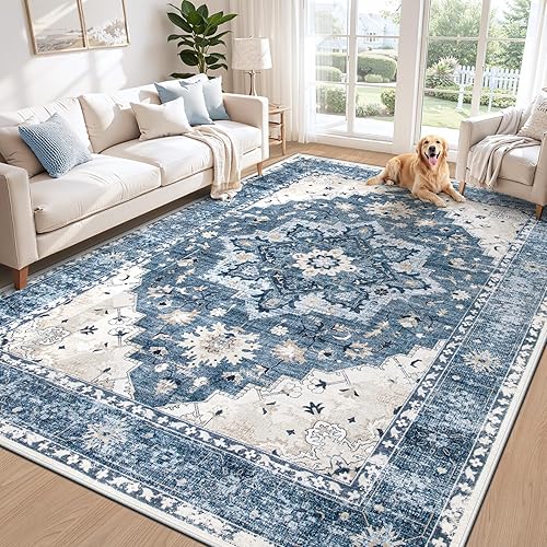 Miniatura 12 de Alfombra de Área 5x7 Alfombras Vintage: Alfombra Medallón Lavable para Interiores de Pelo Bajo Desgastada Alfombra de Piso Alfombras de Acento Retro