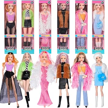 dollbie Unique Style 6 Pack 11.5 inch Prinecess Dolls American Toy Playset with Fashion Dress Outfits and Accessories Like Glasses Handbag Hat Crown Necklace Gift Box Package