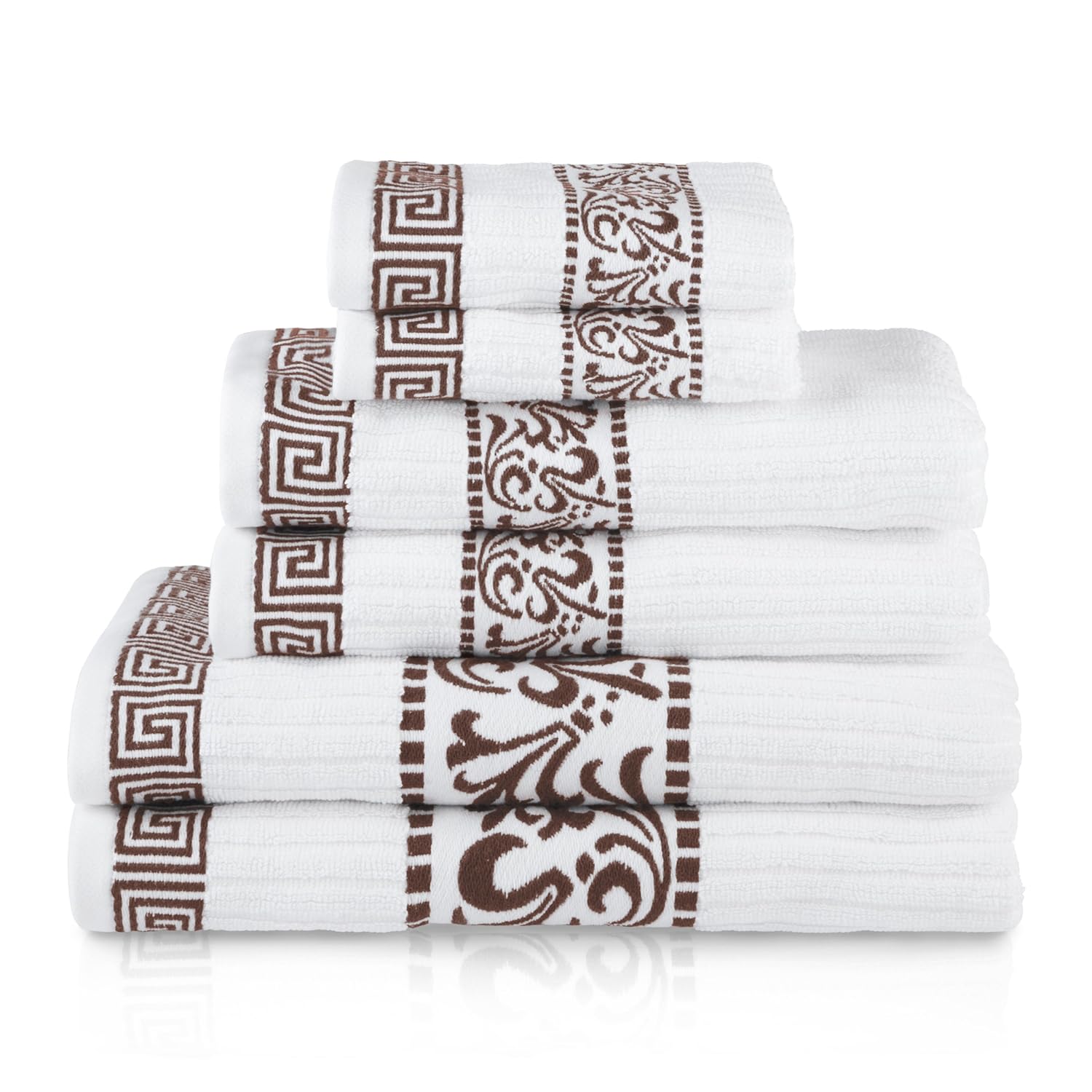 Superior 6-Piece Cotton Towel Set Decorative Greek Pattern Home Essentials Absorbent Towels Bathroom Decor Spa Resort Includes 2