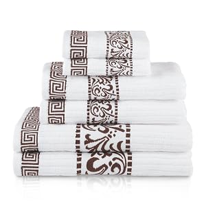 Superior 6-Piece Cotton Towel Set Decorative Greek Pattern Home Essentials Absorbent Towels Bathroom Decor Spa Resort Includes 2