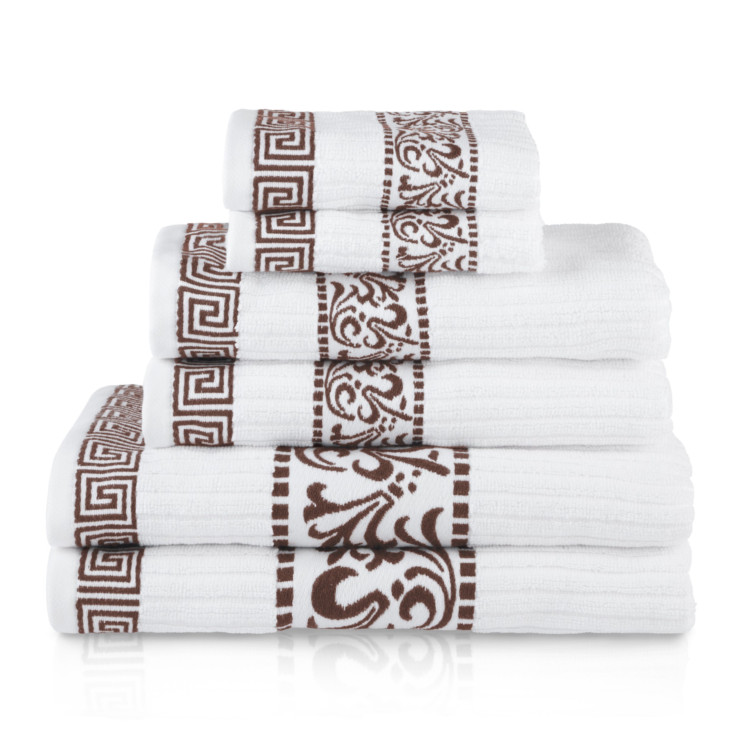 Superior 6-Piece Cotton Towel Set Decorative Greek Pattern Home Essentials Absorbent Towels Bathroom Decor Spa Resort Includes 2