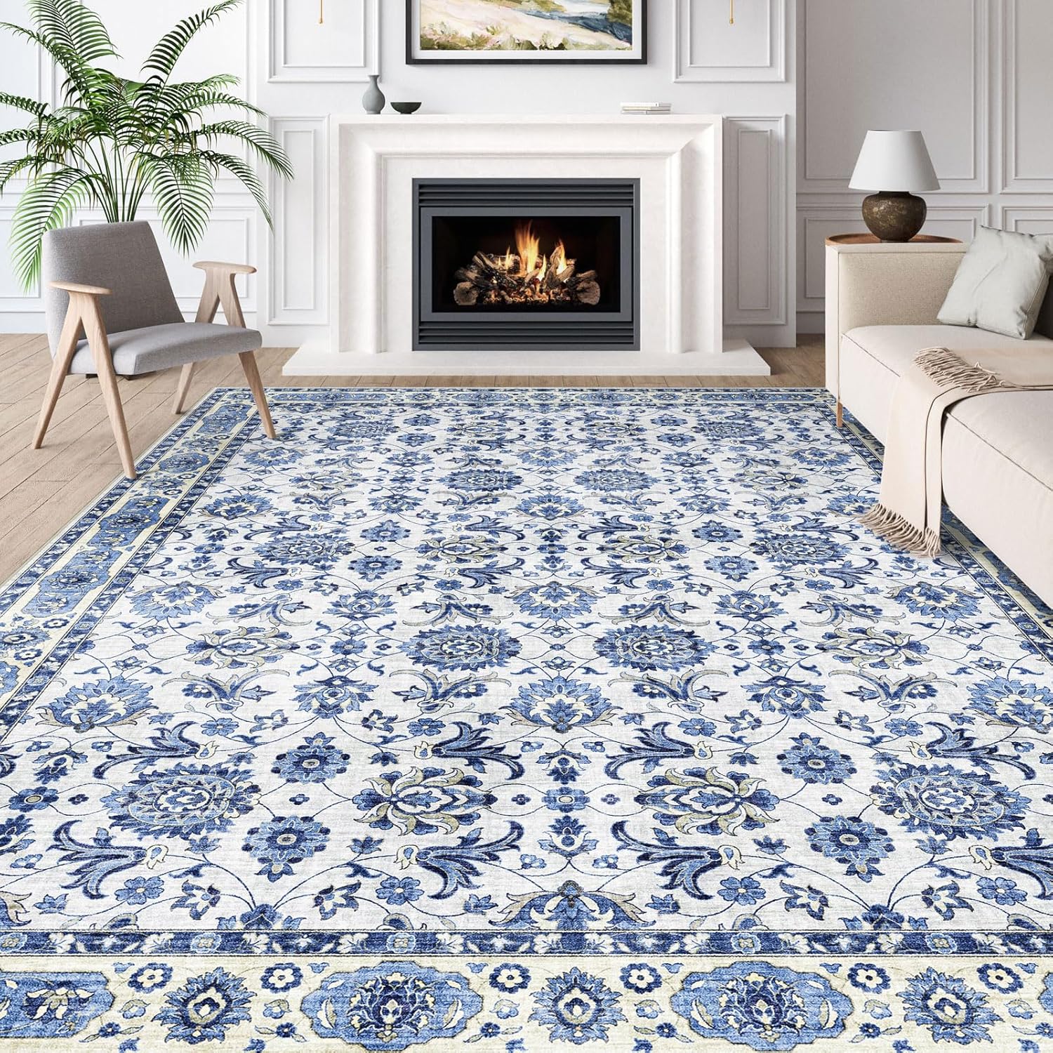 BLISSA Washable 5x7 Area Rugs - Soft Delft Blue Vintage Floral Rug for Living Room Traditional Non-Slip Retro Country Ultra-Thin Carpet for Bedroom Dining Room Under Table Home Office Decor