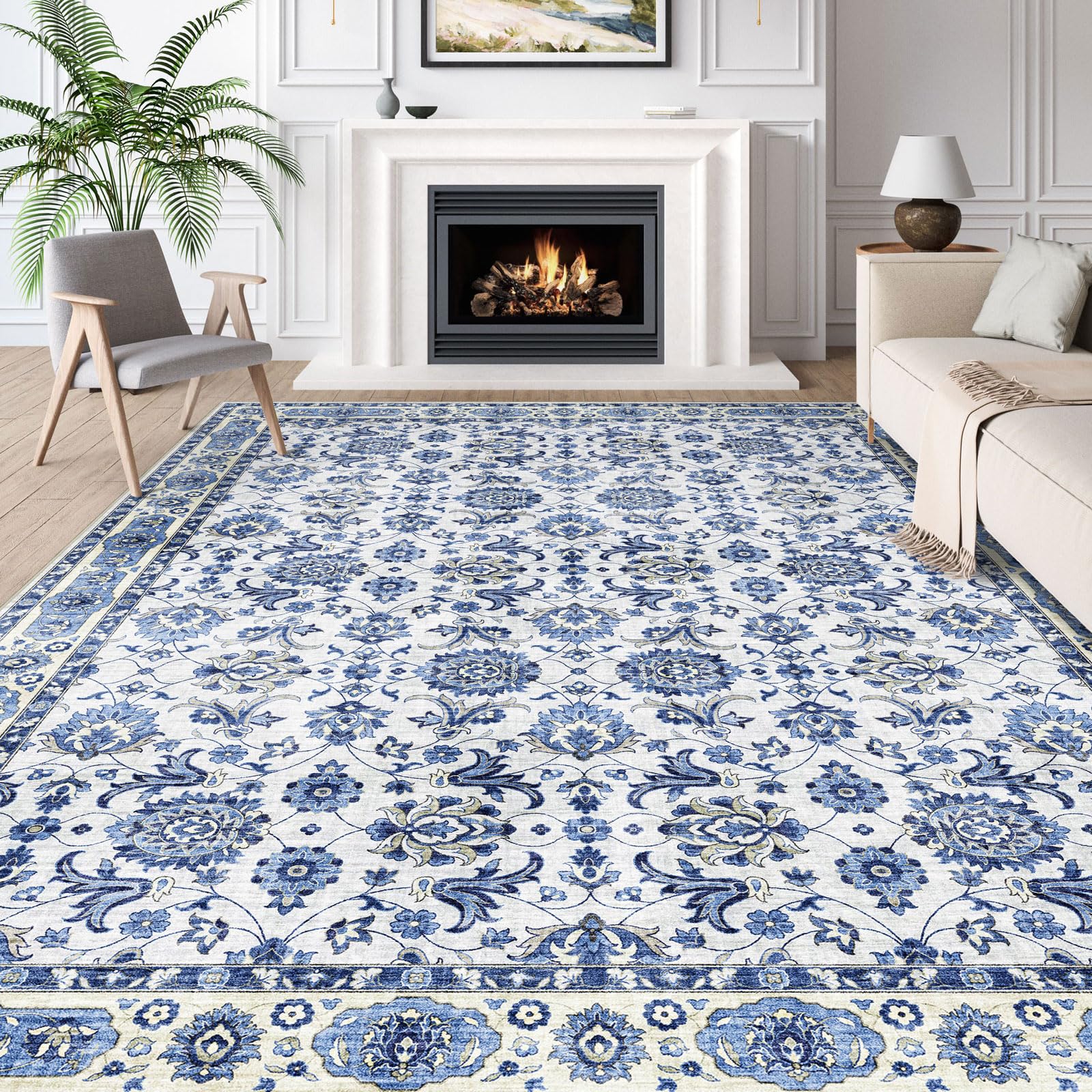 BLISSA Washable Area Rug 6x9 - Large Delft Blue Living Room Rug Stain Resistant Vintage Retro Carpet Ultra-Thin Oriental Floral Distressed Country