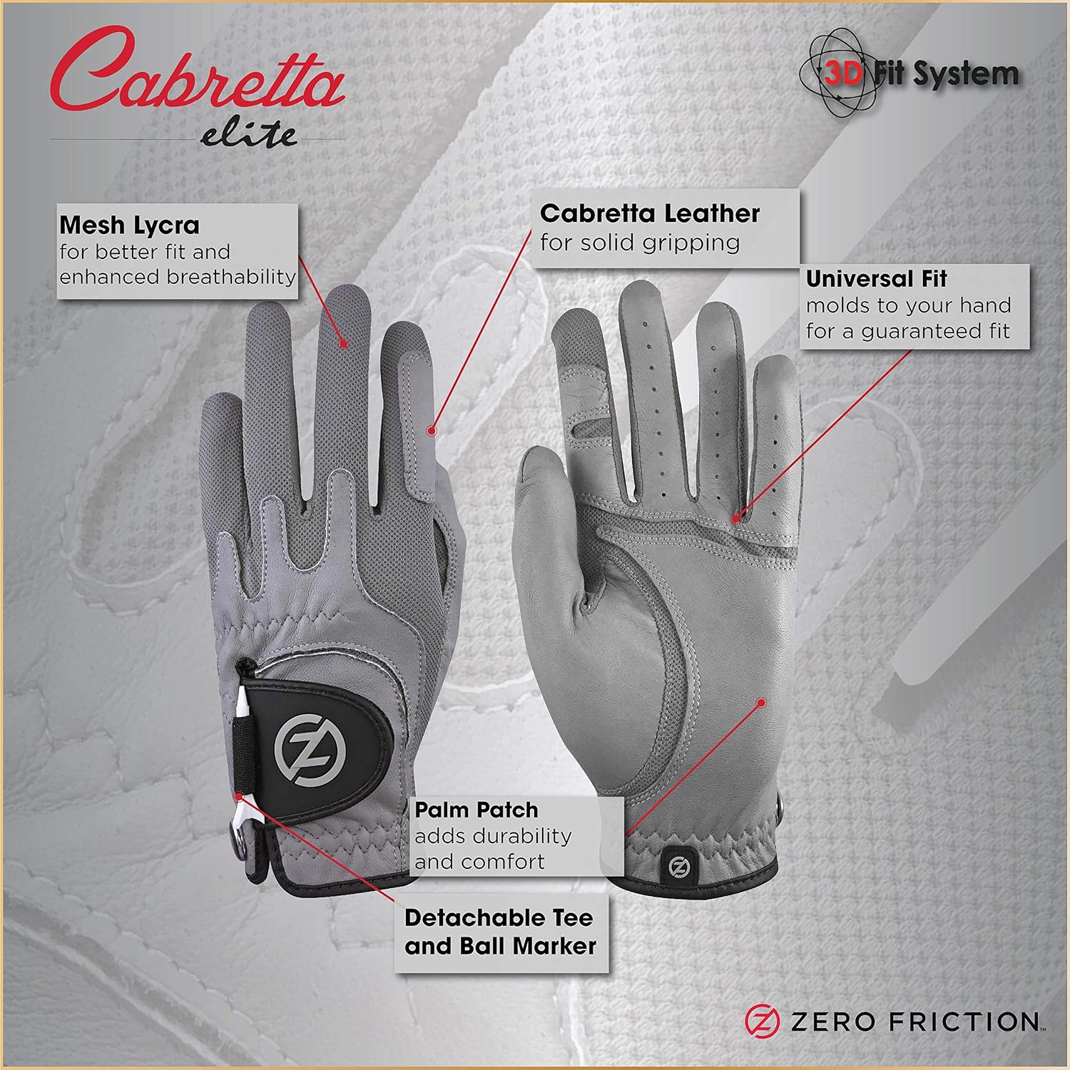 Zero Friction Men's Cabretta Elite Golf Glove 2 Pack, Includes Free Tee Pack, Universal-Fit