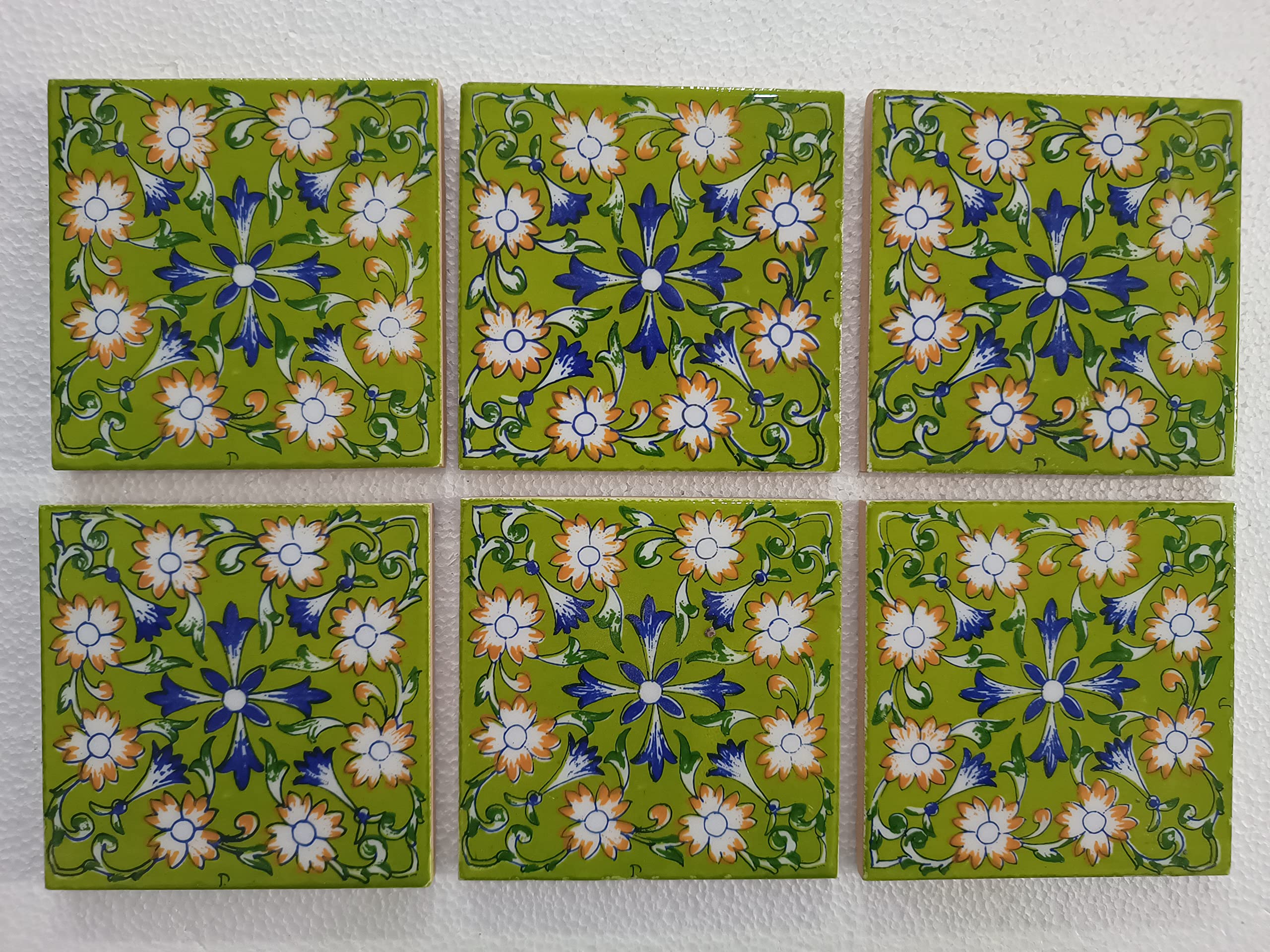 Shiv Kripa Blue Pottery Floral Home Decor Office Decorative Ceramic Mosaic WallHandmade Kitchen Washroom Tile Tabletop Interior Exterior Flooring Wall Tile (Green, 4 x 4)-image-26