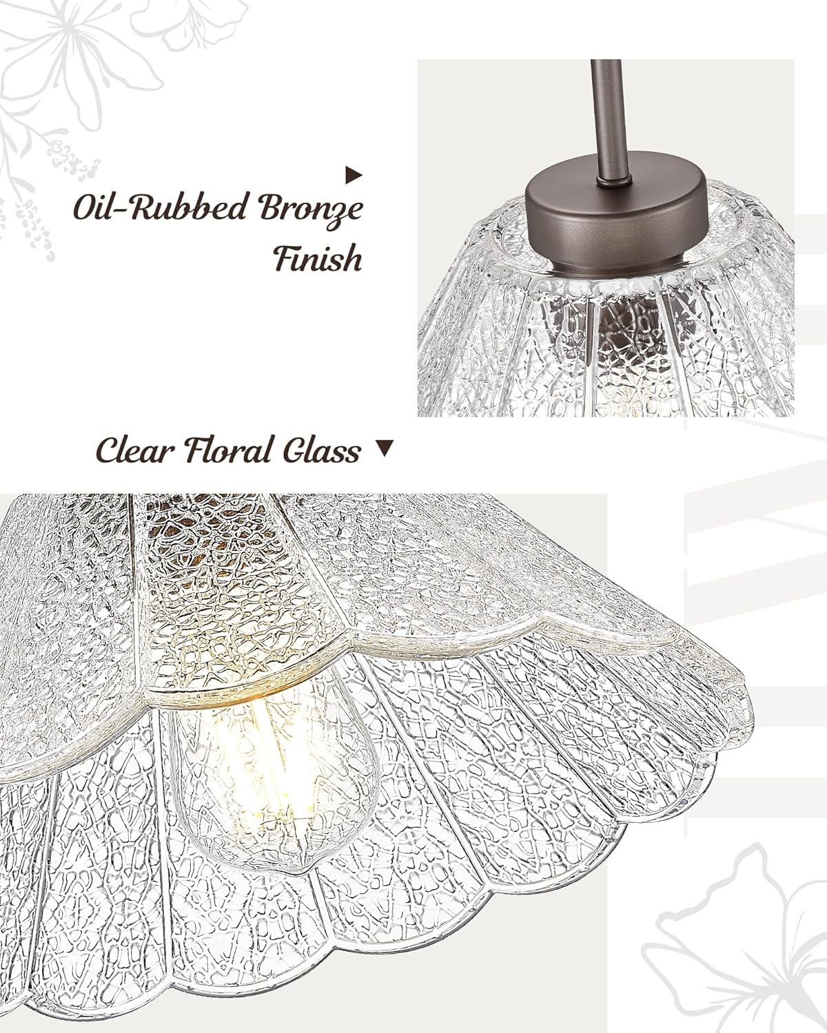 Pendant Lights Kitchen Island, HWH Kitchen Island Lighting for Bathroom, Dining Room, 1-Light Hanging Lights Fixtures with Clear Floral Glass, Oil-Rubbed Bronze Finish, 5HJX110MIL ORB