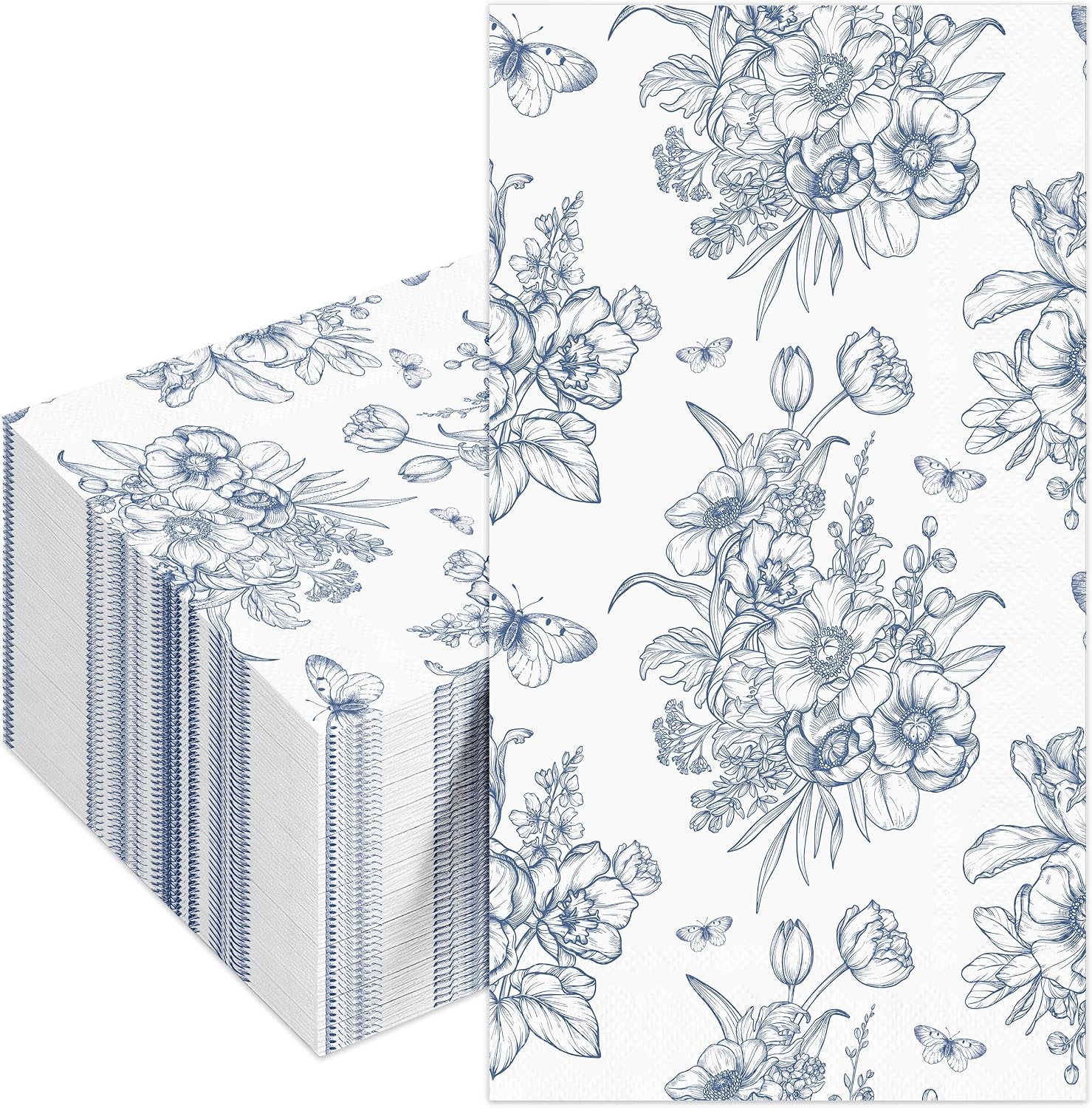 Blue Floral Napkins,100pcs Floral Paper Napkins Guest Disposable Hand Towels for Bathroom,Blue and White Paper Napkins Toilet for Wedding Bridal,Birthday,Baby Shower