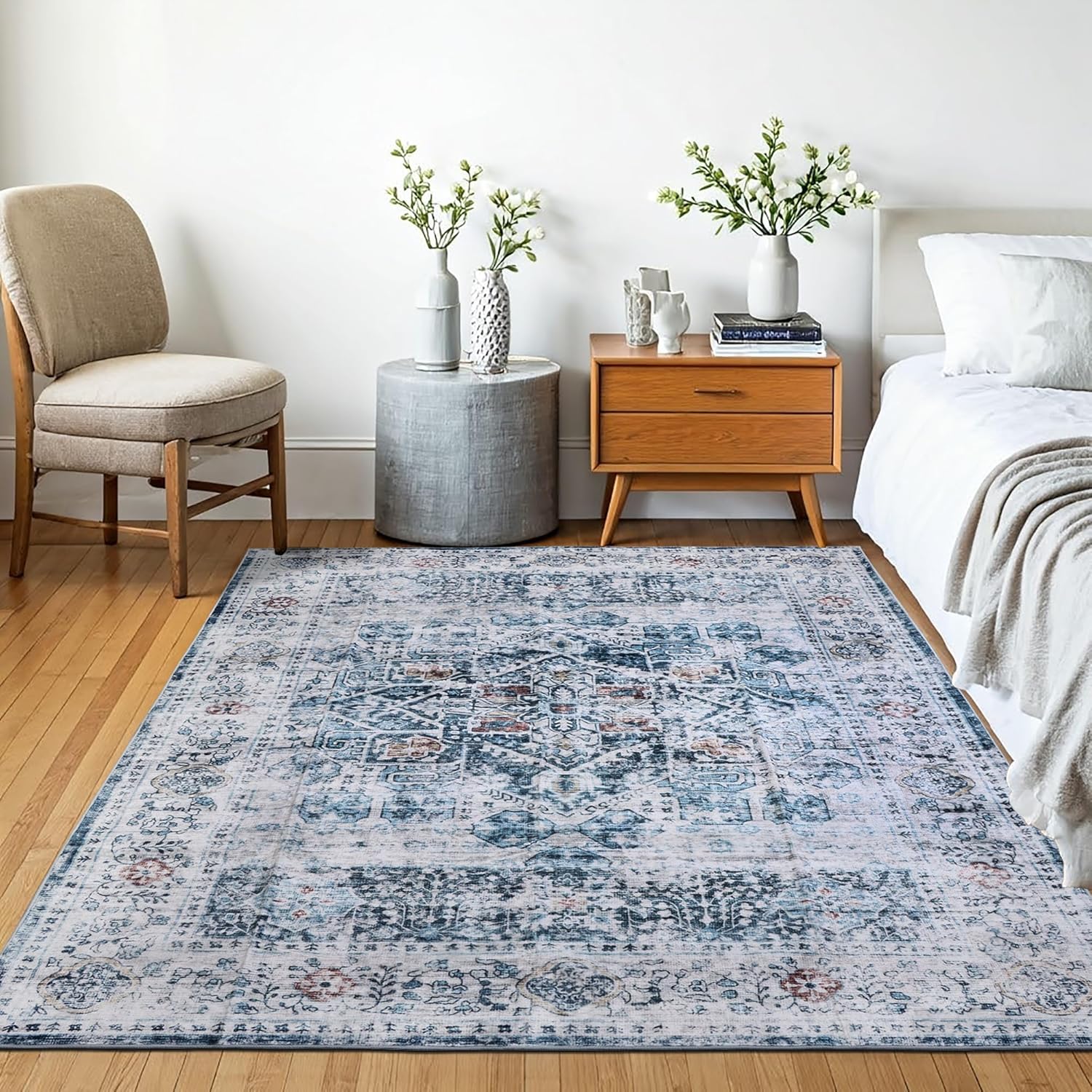 Machine Washable Area Rug, Soft & Durable, Non-Slip, Stain Resistant Rug for Bedroom, Living Room, Dining Room, High Traffic Areas. (Blue/Coral, 3' X 5')