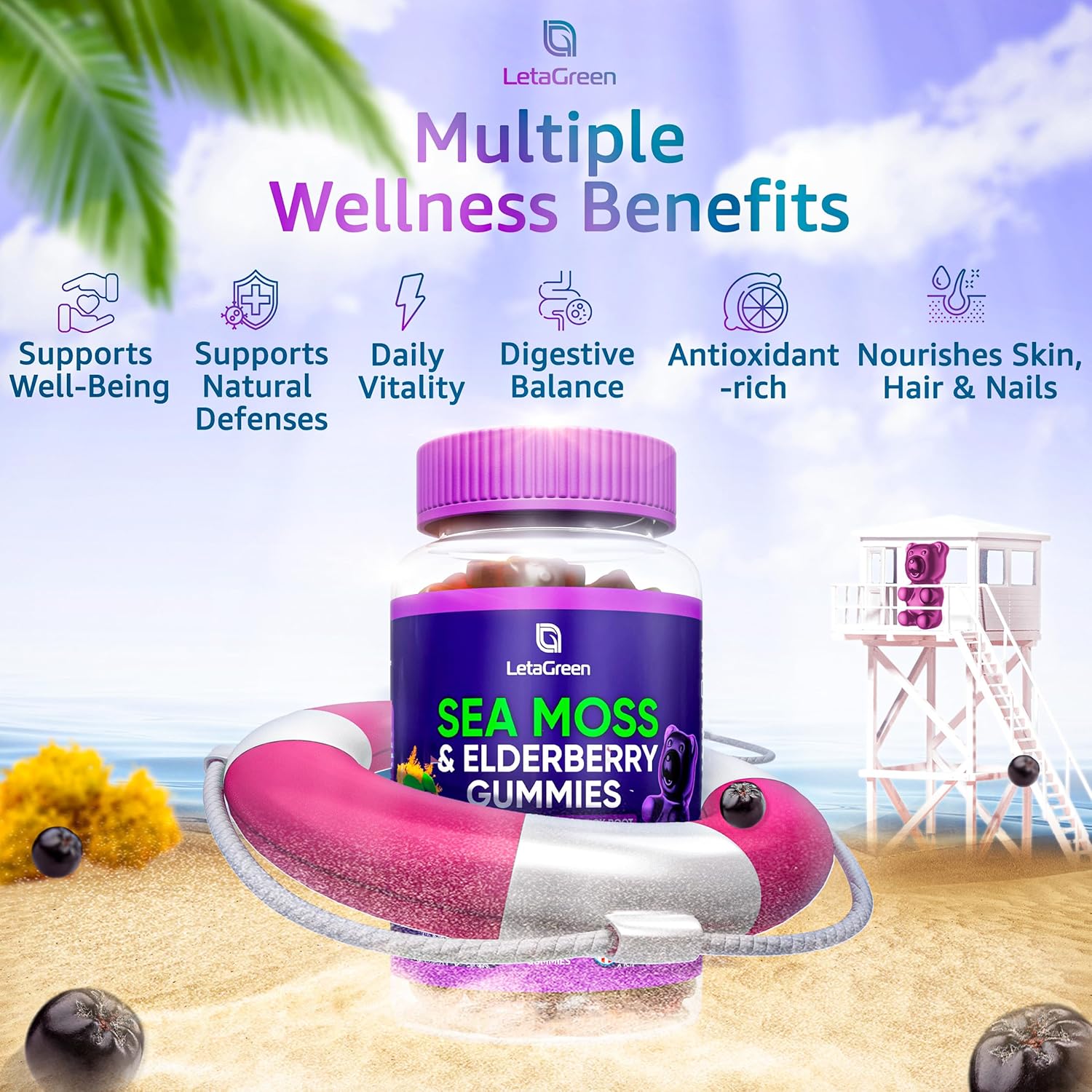 Irish Sea Moss Gummies – Sea Moss Bladderwrack Burdock Elderberry – 60 Vegan Seamoss Bears – Elderberry Gummies for Kids & Adults with Vitamin C & Zinc (Pack of 2)