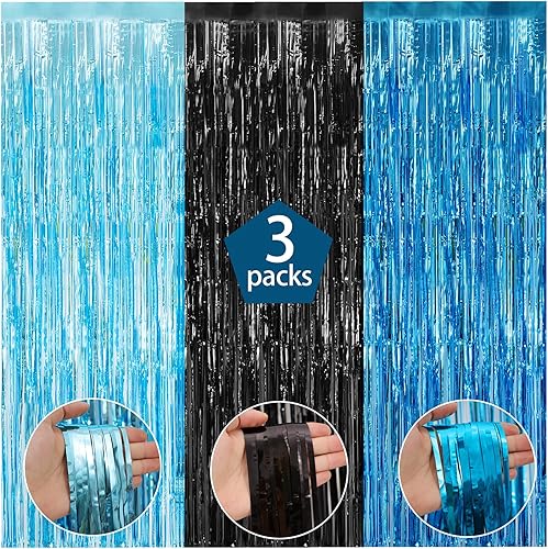 Miniatura 2 de Paquete de 3 cortinas de flecos de papel de aluminio de oropel negro y naranja de Halloween de 8 x 9.84 pies, cortinas de telón de fondo negro y