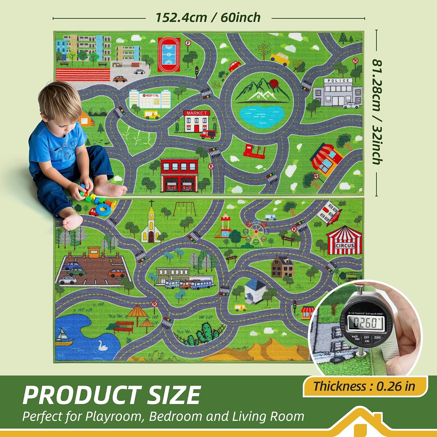 BEQHAUSE Kids Play Mat Set, Green City Traffic Road Kids Room Rug Great for Playing with Cars, Play Area Rug Car Rugs for Children's Bedroom, Toddler Classroom and Baby Playroom