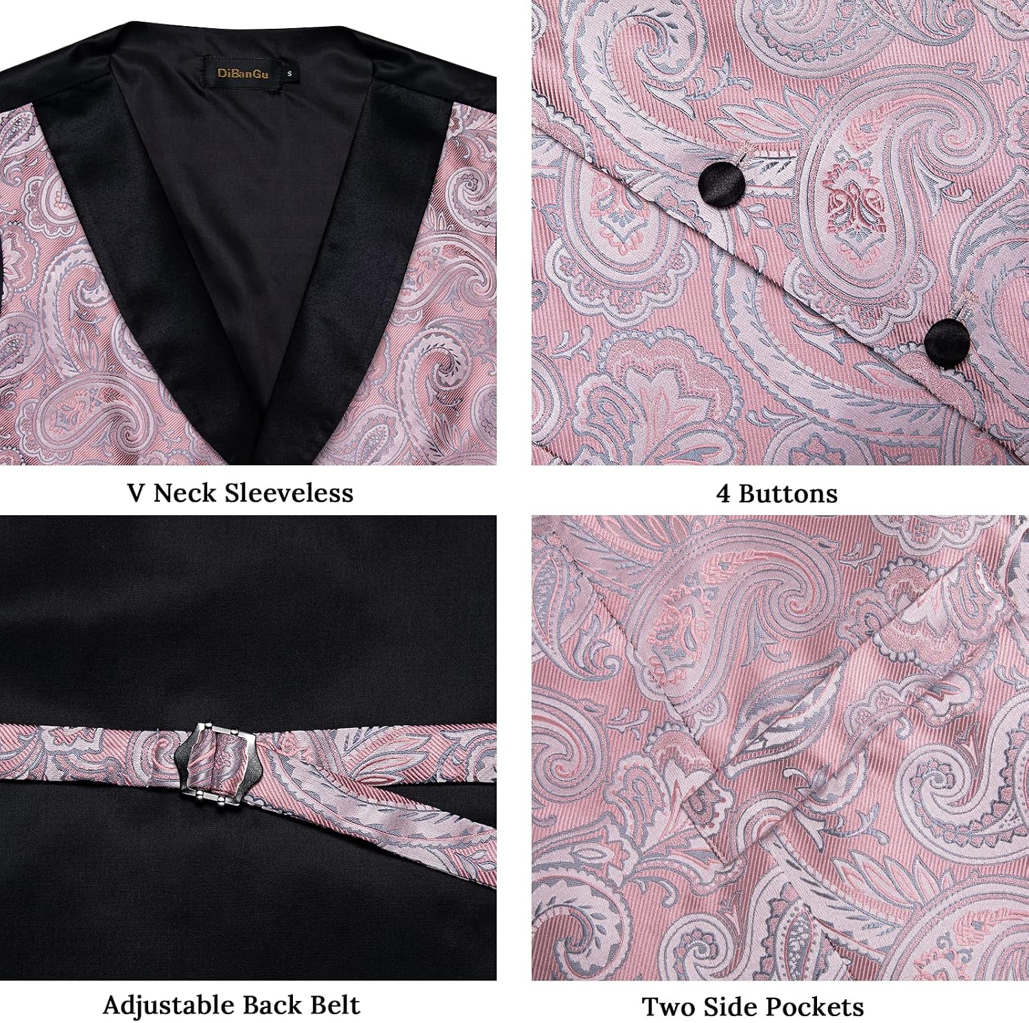 DiBanGu Mens Paisley Suit Vest Silk Jacquard Waistcoat and Necktie Set Formal Shawl Collar Dress Vest 7PCS for Wedding Party