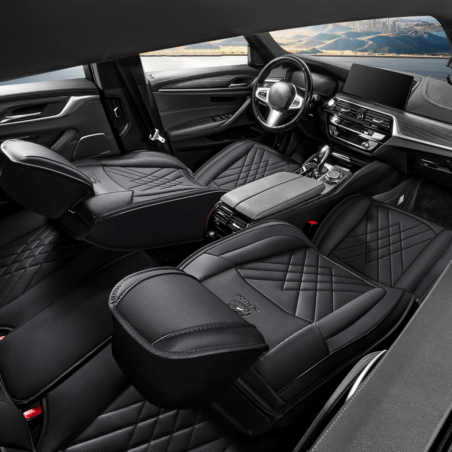 Car Seat Covers 2-Piece Front Pair Durable Leather, Anti-Slip Waterproof Car Accessories Custom Fit for Most Cars, SUV & Sedan（Black）