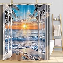 Ocean Beach Shower Curtain, Ocean Sunset Tropical Palms Coastal Turtle Rustic Barn Door Scenery Shower Curtain Bathroom Set, Summer Scenery Blue Waterproof Fabric Bathroom Decor with Hooks, 70X70IN