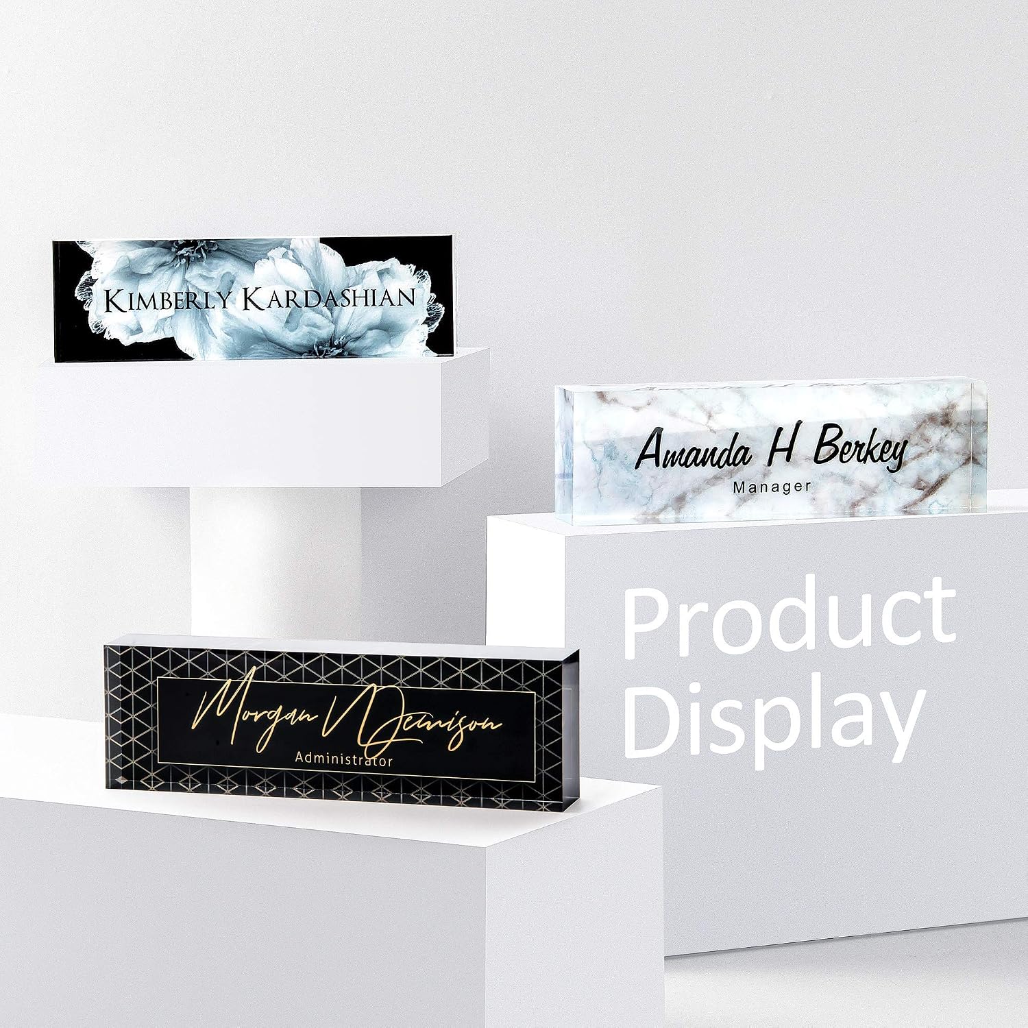 Office Desk Name Plate Personalized - Custom Name Plates for Desks - Black Flower Design On Clear Acrylic Glass - Office Desk Decor - 8"x2.4" (Printing - Black Flower)