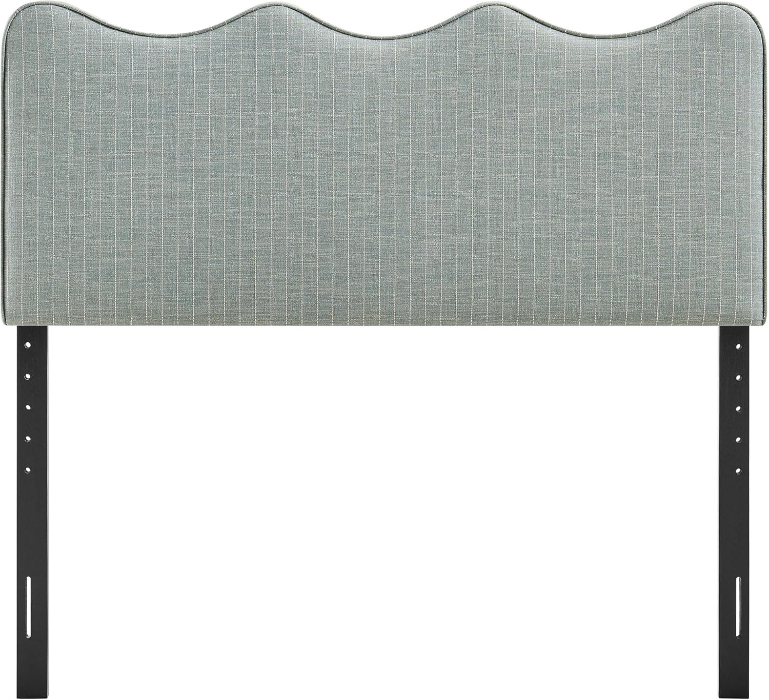 Monday Athena Striped Fabric Upholstered Queen Size Adjustable Headboard in Spa Blue Stripe - with Scalloped Wave Design and Soft Linen-Like Fabric
