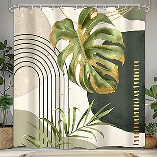 LIGHTINHOME Boho Green Gold Shower Curtain 72Wx72H Inches Abstract Bohemian Mid Century Plant Botanical Palm Leaf Modern Arch Cloth Fabric Waterproof Polyester Bathroom Home Decor Set with Hooks