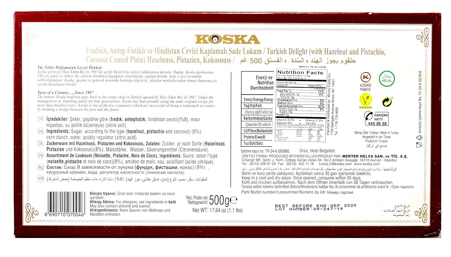 KOSKA Hazel Pistachio Coconut Turkish Delight, 500 GR