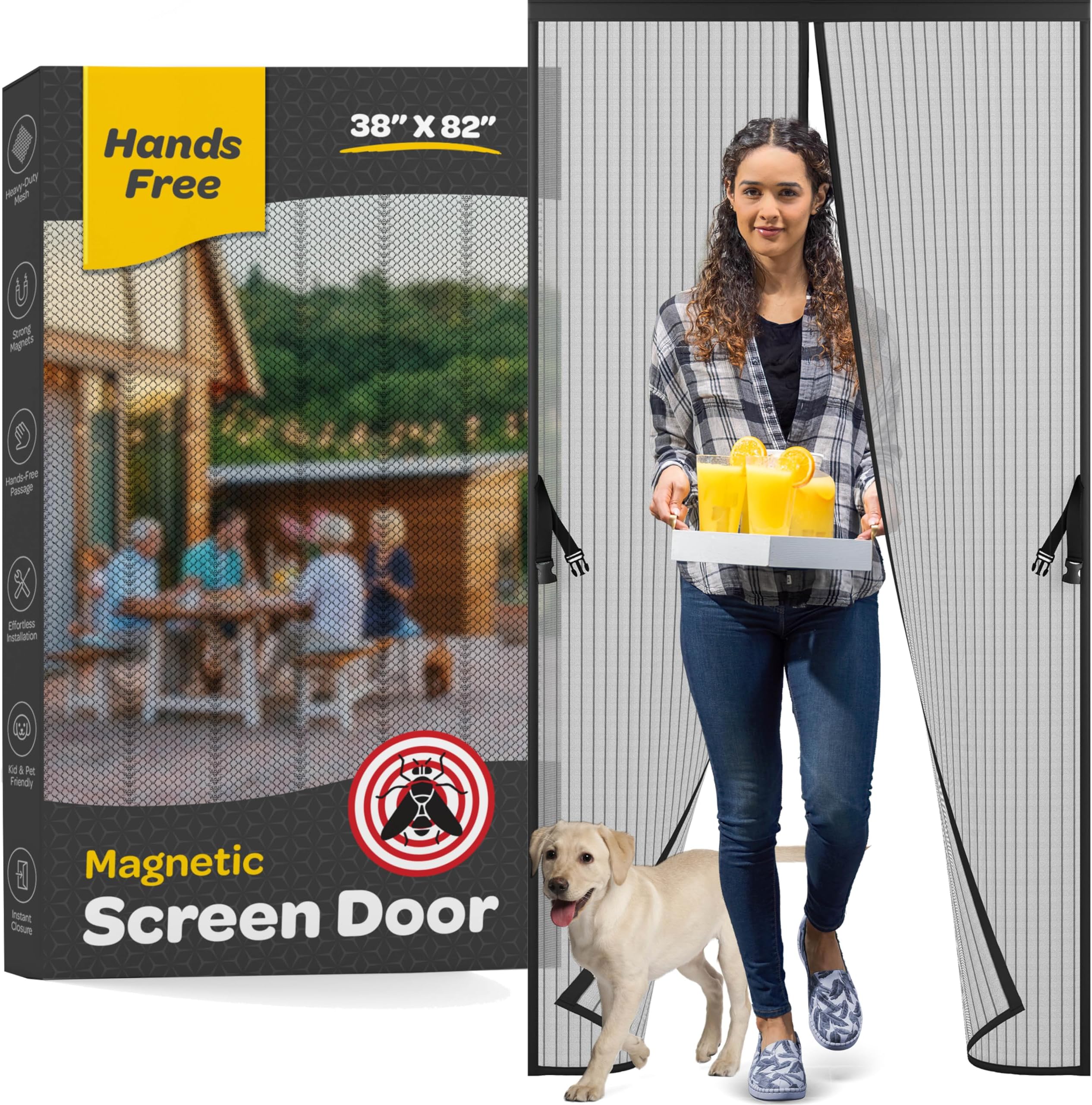 Hands-Free Magnetic Screen Door, Heavy Duty, Self Sealing Screen Door Mesh Protector, Pet and Kid-Friendly, and Stay-Open Buckle, Fits Door Size (38" x 83" ) Keeps Bugs Out While Letting Nature in.