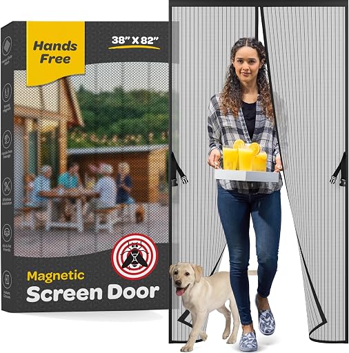 Hands-Free Magnetic Screen Door, Heavy Duty Fiberglass Self Sealing Screen Door Mesh Protector, Pet & Kid-Friendly, Stay-Open Buckle Keeps Bugs Out While Nature in, (39.4" x 82.7")